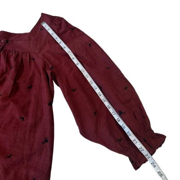 Lauren Conrad Women SZ M Square Neck Embroidered Long Sleeve Blouse Maroon - Picture 10 of 14